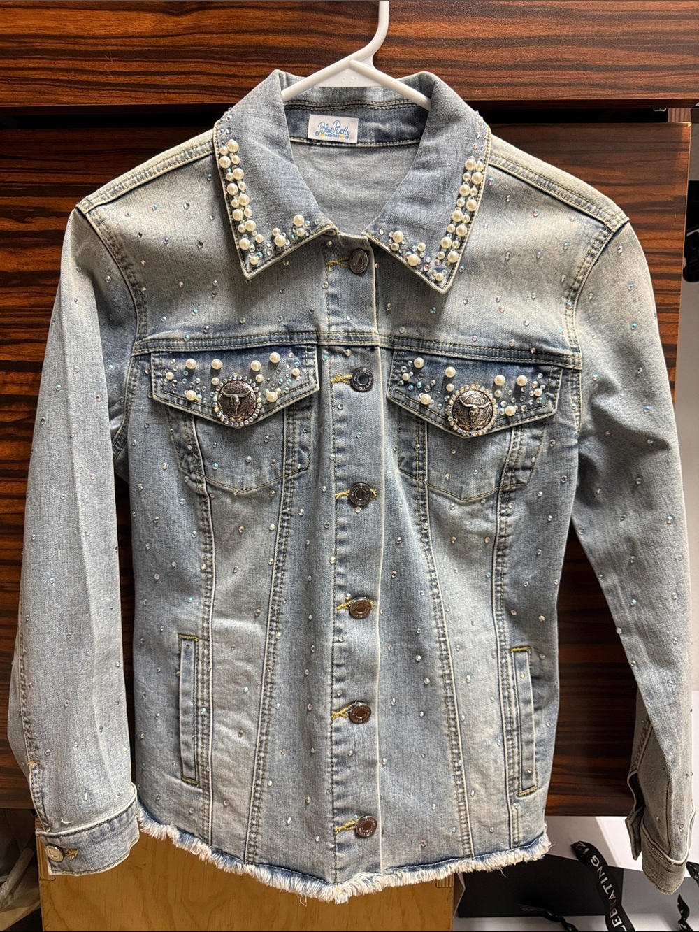 Joseph Ribkoff Light Wash Denim Jacket with Pearl & Rhinestone Accents